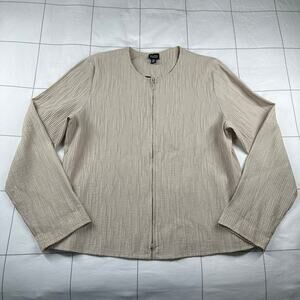 Eileen Fisher Cardigan Womens Large Cream Tan Full Zip Crinkle Long Sleeve Nylon